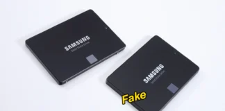 Counterfeit Samsung 870 EVO SSD Fails After 120GB Side-by-side comparison of a genuine Samsung 870 EVO SSD on the left and a counterfeit version marked "Fake" on the right.