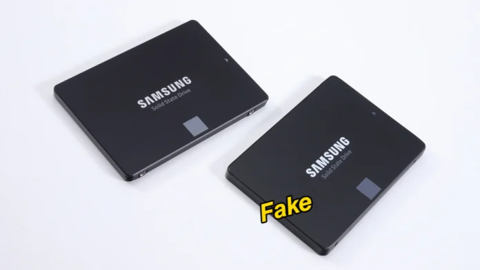 Side-by-side comparison of a genuine Samsung 870 EVO SSD on the left and a counterfeit version marked 