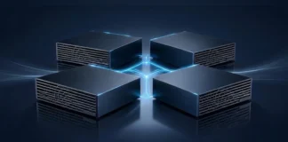 GIGABYTE Demonstrates AI TOP ATOM Four-Node Clustering Four-node cluster layout of GIGABYTE AI TOP ATOM computing nodes showing blue glowing connections on a dark background.