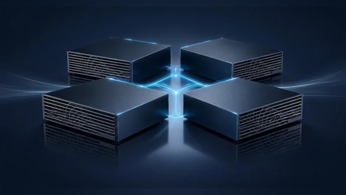 Four-node cluster layout of GIGABYTE AI TOP ATOM computing nodes showing blue glowing connections on a dark background.