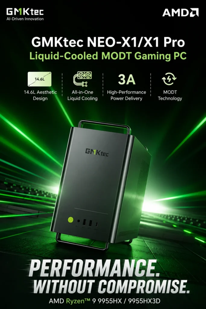 GMKtec NEO-X1 promotional image highlighting liquid cooling, MODT technology, and AMD Ryzen processor support.