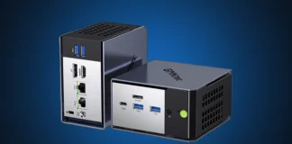GMKtec Launches EVO-X1 Pro Mini PC with Ryzen AI 9 HX 470 Front and rear profiles of the isolated GMKtec EVO-X1 Pro mini PC on a custom blue gradient spotlight backdrop.