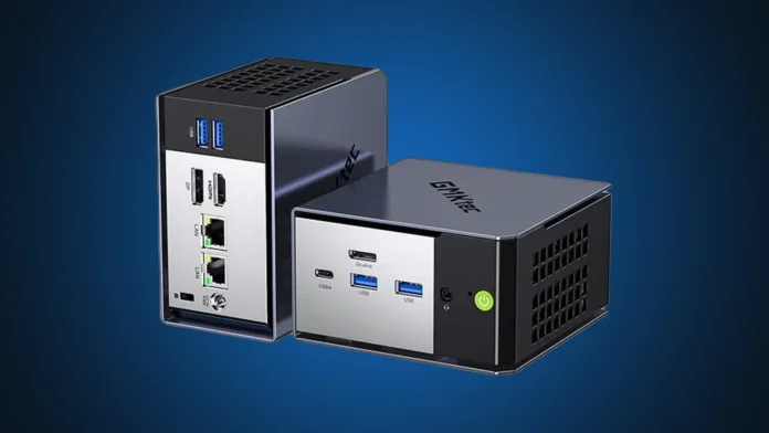 Front and rear profiles of the isolated GMKtec EVO-X1 Pro mini PC on a custom blue gradient spotlight backdrop.