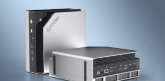 Geeks updates Strix Halo mini PC EVO-X2: 128GB RAM, 1TB HDD, $3499 GMKtec EVO-X2 mini PC shown in vertical and horizontal orientations alongside its American Good Design Platinum 2025 Award badge, isolated on a premium royal blue and charcoal radial gradient background.
