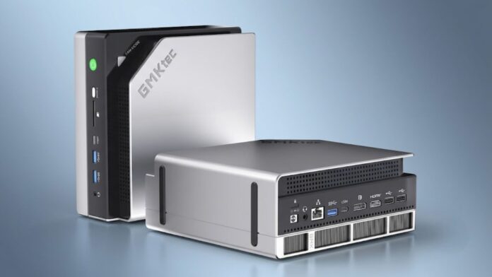 GMKtec EVO-X2 mini PC shown in vertical and horizontal orientations alongside its American Good Design Platinum 2025 Award badge, isolated on a premium royal blue and charcoal radial gradient background.