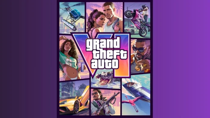 The official collage box art for Grand Theft Auto VI (GTA 6) showing characters, cars, and scenery on a dark purple background.