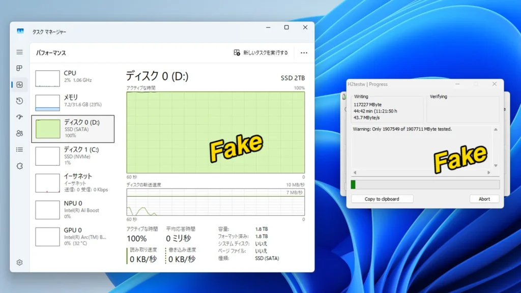 H2testw testing software window showing a write error during the counterfeit SSD capacity verification.