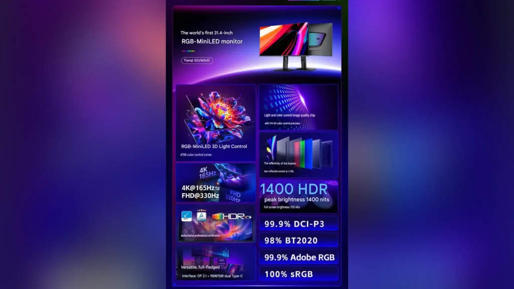 Front close-up view of the open HKC Apex 32U165VD monitor showing the slim bezels and sharp 4K image quality.