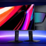 Front and back views of the HKC Apex 32U165VD RGB MiniLED gaming monitors open against a purple and blue neon backdrop.