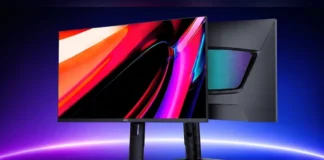 HKC Unveils Apex 32U165VD and Apex 27U165D RGB MiniLED Monitors Front and back views of the HKC Apex 32U165VD RGB MiniLED gaming monitors open against a purple and blue neon backdrop.