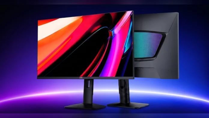 Front and back views of the HKC Apex 32U165VD RGB MiniLED gaming monitors open against a purple and blue neon backdrop.
