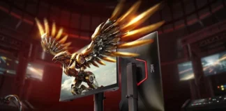 HKC Falcon 27U165A 27-Inch Dual-Mode Monitor Launches Front and back views of the HKC Falcon 27U165A 27-inch dual-mode gaming monitor displaying a golden mechanical falcon graphic.