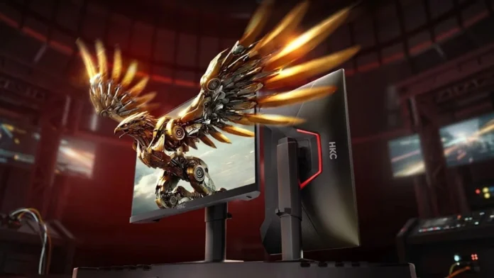 Front and back views of the HKC Falcon 27U165A 27-inch dual-mode gaming monitor displaying a golden mechanical falcon graphic.