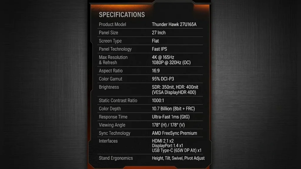 HKC Falcon 27U165A 27-Inch Dual-Mode Monitor Launches 1 Schematic diagram showing the detailed parameters and connectivity ports of the HKC Falcon 27U165A monitor.