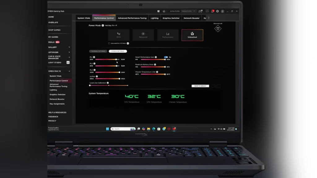 HP Updates HyperX OMEN 15 Laptop with Arrow Lake HX & RTX 5070 4 OMEN Gaming Hub software interface on the laptop screen showing system temperatures and Unleashed Mode.
