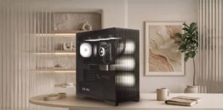 InWin Launches L50 BREEZE With Reeded Glass Front Panel and AWWA Lighting InWin L50 Breeze PC case placed on a minimalist table in a modern interior.