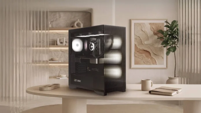 InWin L50 Breeze PC case placed on a minimalist table in a modern interior.