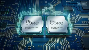 Intel Core 13th Gen i9-13900K and 14th Gen i9-14900K processors on a circuit board with holographic Chinese city skylines.