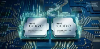 Intel Restarts 13th and 14th Gen Desktop CPU Production for China Intel Core 13th Gen i9-13900K and 14th Gen i9-14900K processors on a circuit board with holographic Chinese city skylines.
