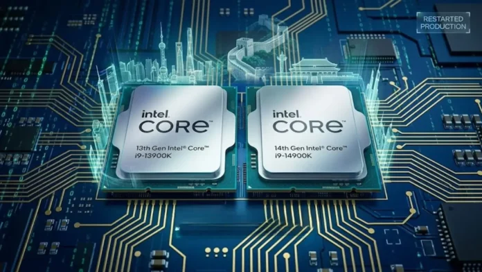 Intel Core 13th Gen i9-13900K and 14th Gen i9-14900K processors on a circuit board with holographic Chinese city skylines.