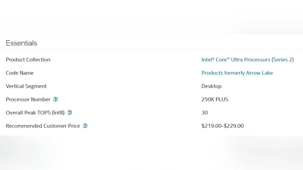 Screenshot of the Intel essentials specification sheet for the Core Ultra 5 250K Plus.