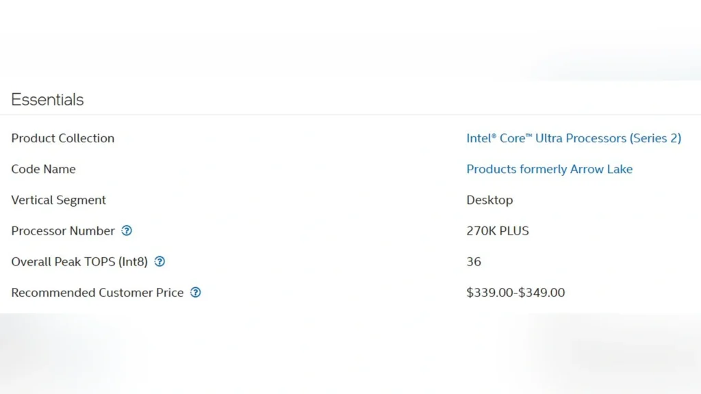 Screenshot of the Intel essentials specification sheet for the Core Ultra 7 270K Plus.