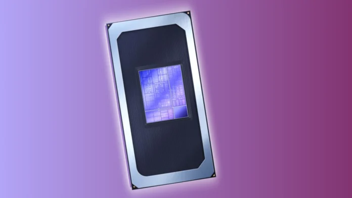 The Intel Starfire space processor package showing internal silicon die tiles set against a purple-to-pink gradient background.