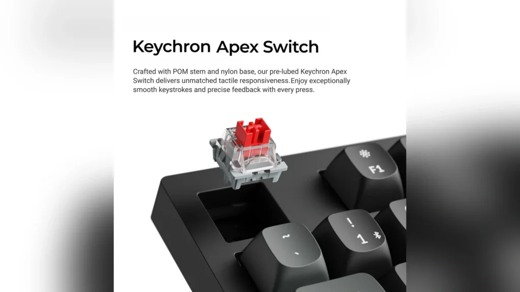 Keychron Launches K4 Ultra and K10 Ultra Mechanical Keyboards 4 Infographic showing the pre-lubed Keychron Apex linear red switch floating above the keyboard.