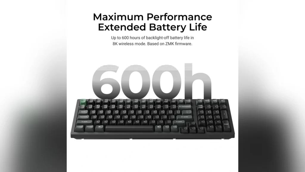 Keychron Launches K4 Ultra and K10 Ultra Mechanical Keyboards 3 Infographic highlighting the 600-hour battery life and ZMK firmware of the Keychron K Ultra series.