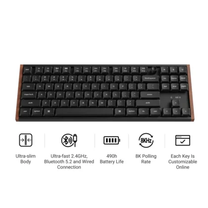 Key features of the Keychron K1 Ultra 8K including 8,000 Hz polling and wireless connectivity.