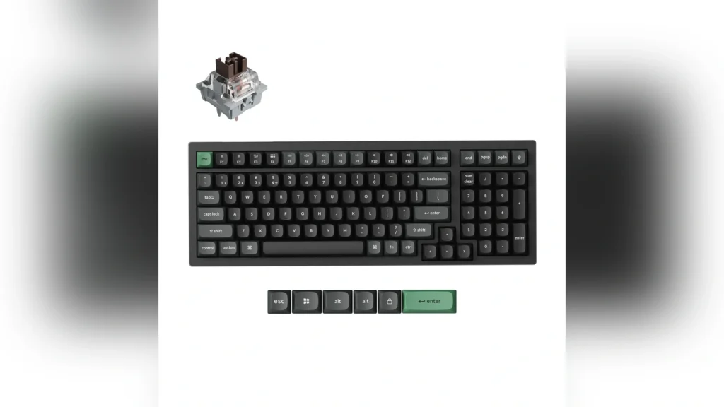Keychron Launches K4 Ultra and K10 Ultra Mechanical Keyboards 2 Front view of the Keychron K4 Ultra compact 96 percent wireless mechanical keyboard with extra keycaps and a tactile brown switch.