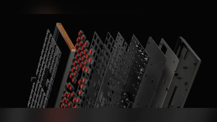 Exploded diagram showing all layers of the Keychron K5 Ultra 8K wireless mechanical keyboard.