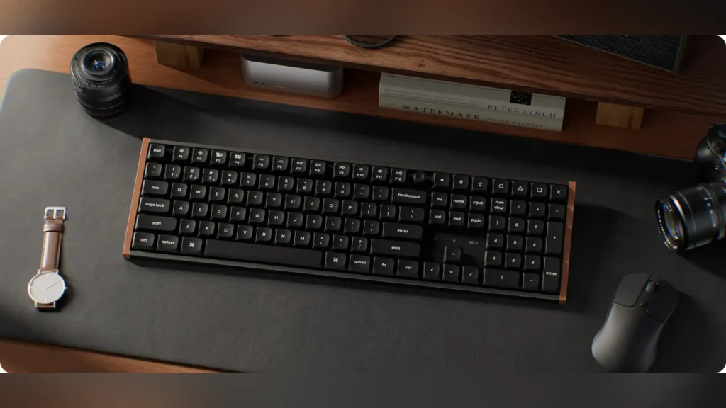 Backlit view showing north-facing RGB LEDs active underneath the keys.