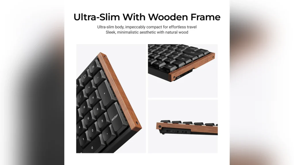 Side profile of the Keychron K5 Ultra 8K keyboard showing its ultra-slim height and wood side accents.