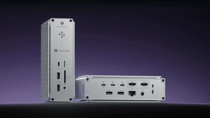 Front and rear views of the Keychron Thunderbolt 5 Dock 14-in-1 displaying Thunderbolt 5 ports, HDMI outputs, USB connectivity, Ethernet, SD card slots, and premium aluminum chassis.