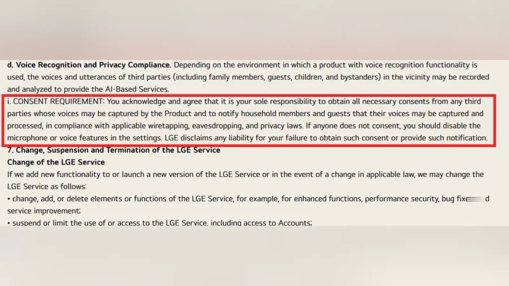 LG Installs Intrusive McAfee Adware on Gaming Monitors 1 Screenshot of the LGE user agreement section showing the wiretapping consent requirement highlighted in a red box.
