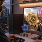 LG UltraGear 25G590B gaming monitor in a desktop setup displaying a first-person shooter game with a user wearing headphones.
