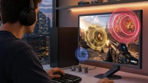 LG UltraGear 25G590B gaming monitor in a desktop setup displaying a first-person shooter game with a user wearing headphones.