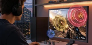 LG Launches UltraGear 25G590B-B With Native 1000Hz IPS Display LG UltraGear 25G590B gaming monitor in a desktop setup displaying a first-person shooter game with a user wearing headphones.