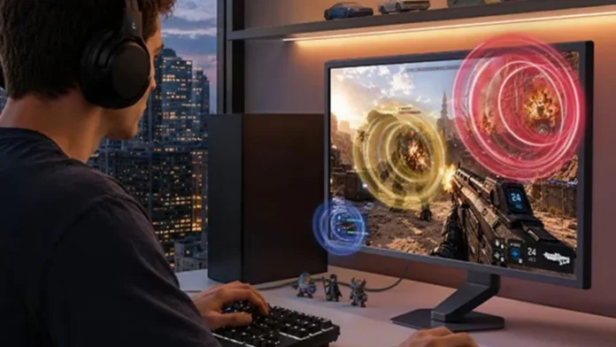 LG UltraGear 25G590B gaming monitor in a desktop setup displaying a first-person shooter game with a user wearing headphones.