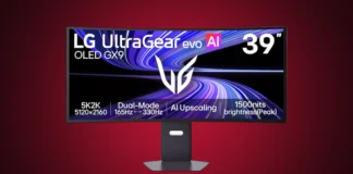 LG Installs Intrusive McAfee Adware on Gaming Monitors LG UltraGear evo OLED GX9 39-inch monitor isolated on a premium deep red and charcoal radial gradient spotlight background.
