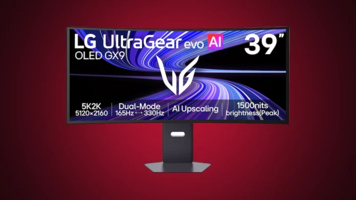 LG UltraGear evo OLED GX9 39-inch monitor isolated on a premium deep red and charcoal radial gradient spotlight background.