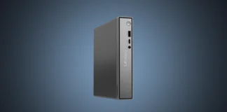 Lenovo ThinkCentre Neo 50q Gen 6 Mini PC Launched The isolated Lenovo ThinkCentre Neo 50q Gen 6 Intel Tiny PC standing vertically under a custom steel blue radial gradient spotlight.