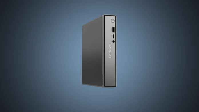 The isolated Lenovo ThinkCentre Neo 50q Gen 6 Intel Tiny PC standing vertically under a custom steel blue radial gradient spotlight.