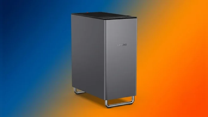 Front angled view of the gunmetal gray Lenovo ThinkCentre X Tower workstation chassis with curved metal feet on a blue and orange gradient background.