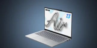 Lenovo Xiaoxin Air 13 Thin and Light Laptop Launches Front angled view of the isolated silver Lenovo Xiaoxin Air 13 laptop open under a custom steel blue radial gradient spotlight.