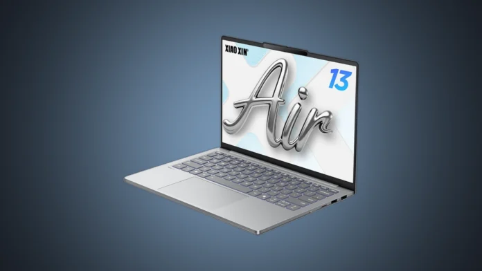 Front angled view of the isolated silver Lenovo Xiaoxin Air 13 laptop open under a custom steel blue radial gradient spotlight.