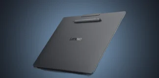 Lenovo Launches YOGA Pro 15 and Legion R9000X Laptops With AMD Strix Halo Back view of the isolated gray Lenovo YOGA Pro 15 laptop open under a custom steel blue radial gradient spotlight, showing the attached stylus.