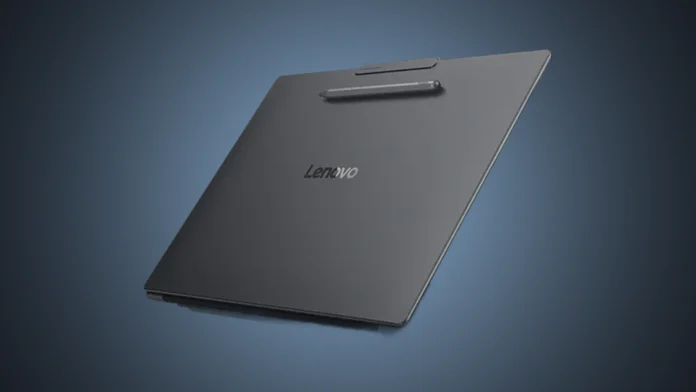Back view of the isolated gray Lenovo YOGA Pro 15 laptop open under a custom steel blue radial gradient spotlight, showing the attached stylus.