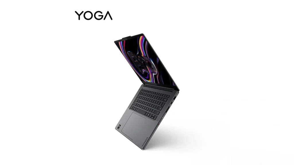 Front view of the open Lenovo YOGA Pro 15 laptop showing its vibrant OLED touchscreen and stylus support.